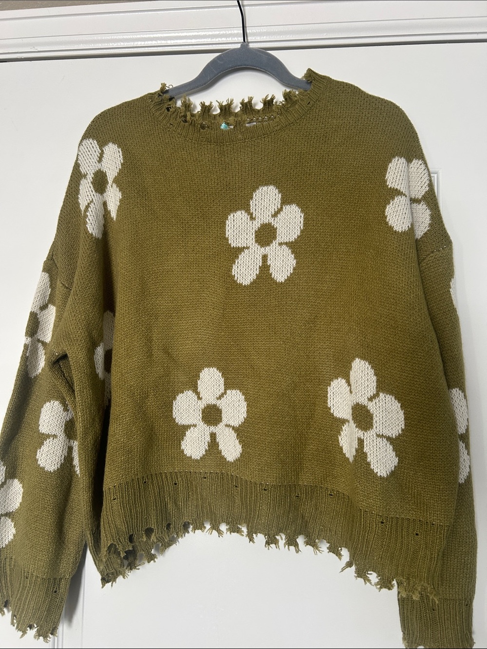 Olive Green Floral Distressed Crewneck Sweater